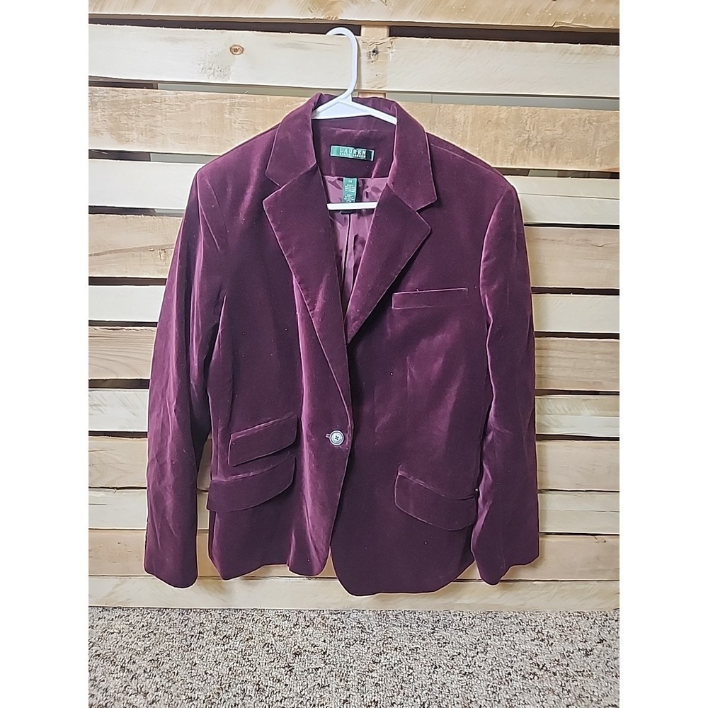 Lauren Ralph Lauren Velvet Velour Blazer Wine Plum Women Size 14 Green Label - Picture 1 of 10